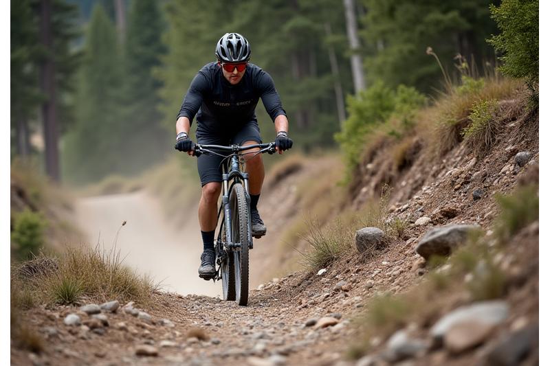 Cyclist expertly navigating a rocky, technical gravel trail near a stream