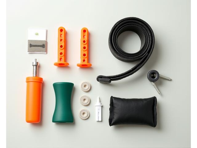 Bike inner tube, tire levers, and puncture patch kit laid out ready for repair.