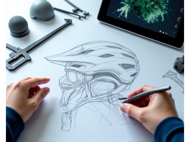 Close-up of a designer's hand pointing at ergonomic features on a women's specific cycling product blueprint.